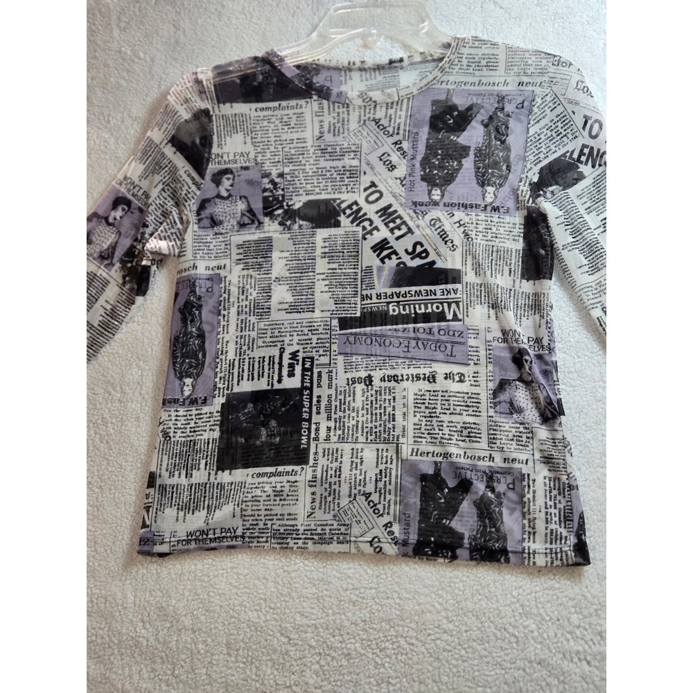 Vintage Style Newspaper Print Mesh Long Sleeve Top Purple Black White